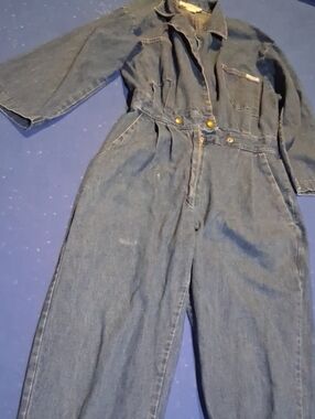 Vintage Women's Dark Blue Denim Jumpsuit with Buttoned Waist
